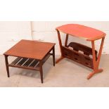 A 1950/60s teak square coffee table with slatted under-tier and a bent plywood magazine rack with