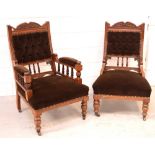 An Edwardian mahogany gentlemen's salon armchair with carved detailing button-back upholstery and