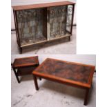 A 1950s teak veneered glazed display cabinet, doors with gold and black decoration,