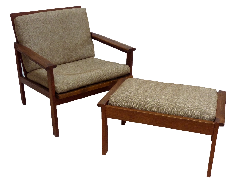 A 1960s Danish teak low elbow chair with loose cushions and matching rectangular stool (2).