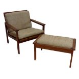 A 1960s Danish teak low elbow chair with loose cushions and matching rectangular stool (2).