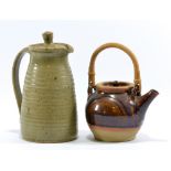 YELLAND POTTERY; a stoneware coffee pot covered in green ash glaze,