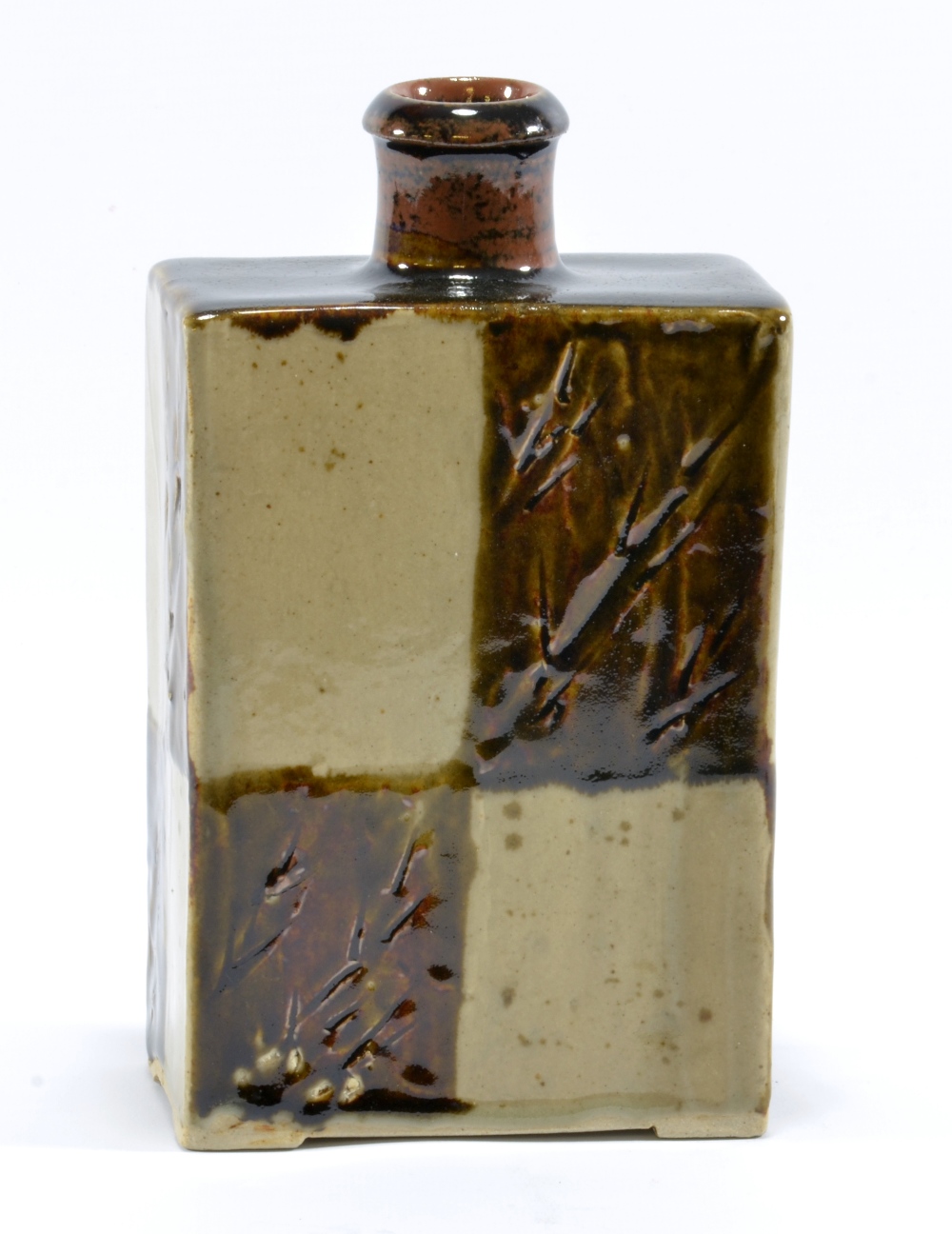 DANIEL PRATAP; a rectangular stoneware bottle, checkerboard decoration, impressed mark, height 20cm.
