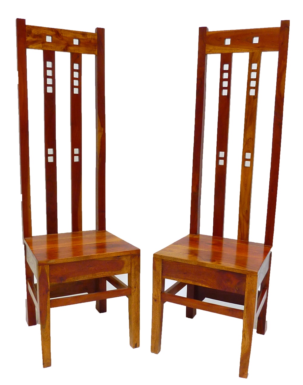 A pair of modern hardwood high backed chairs after a design by Charles Rennie Mackintosh and raised