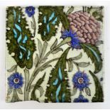 WILLIAM DE MORGAN; a square sectioned tile with pale pink decorated stylised flower,