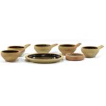 LEACH POTTERY; five stoneware soups, a plate and small dish, impressed SI marks,