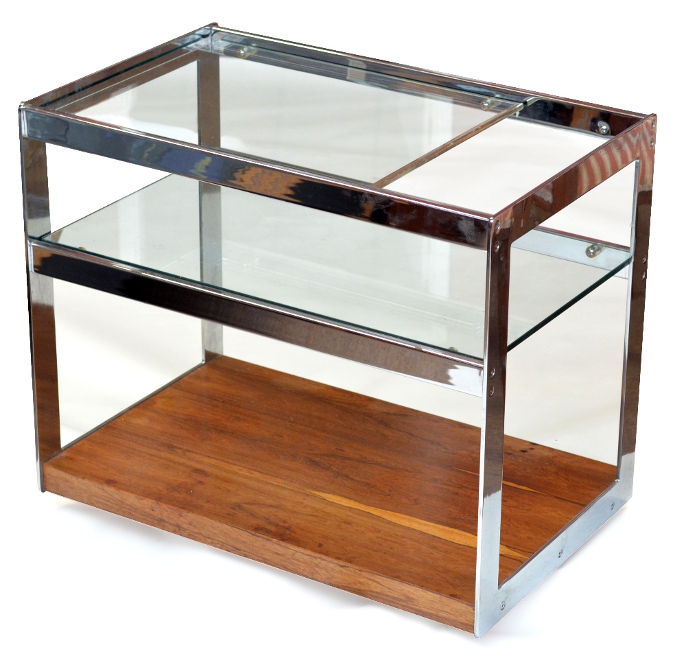 MERROW ASSOCIATES; a chrome, rosewood and glass two tier rectangular side table,