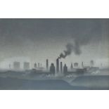 TREVOR GRIMSHAW (1947-2001); pencil drawing, northern skyline with billowing chimney,