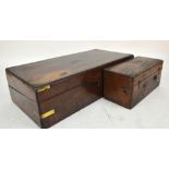 A Victorian rosewood campaign style writing slope, 46 x 23cm (interior af), and an oak box (2).