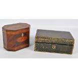 A late George III mahogany and satinwood inlaid octagonal tea caddy with a navette shaped bone