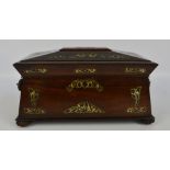 A large William IV rosewood sarcophagus tea caddy with mother of pearl inlaid floral decoration to