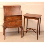 A burr walnut fall-front bureau of small proportions, fitted interior above two long drawers,