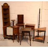 An open-front inlaid corner cupboard, an oak jardinière stand with barleytwist column,