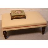 A Victorian mahogany-framed square tapestry footstool raised on bun feet, approx 36 x 32cm,