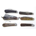 Five antler handled single bladed pen knives including examples by Joseph Rodgers & Sons and George