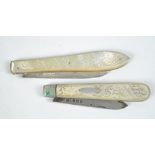 JAMES FENTON & CO; a Victorian hallmarked silver bladed and mother of pearl handled pocket knife,