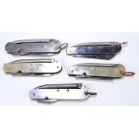 Five military clasp knives with single blade, tin opener and marlin spike,