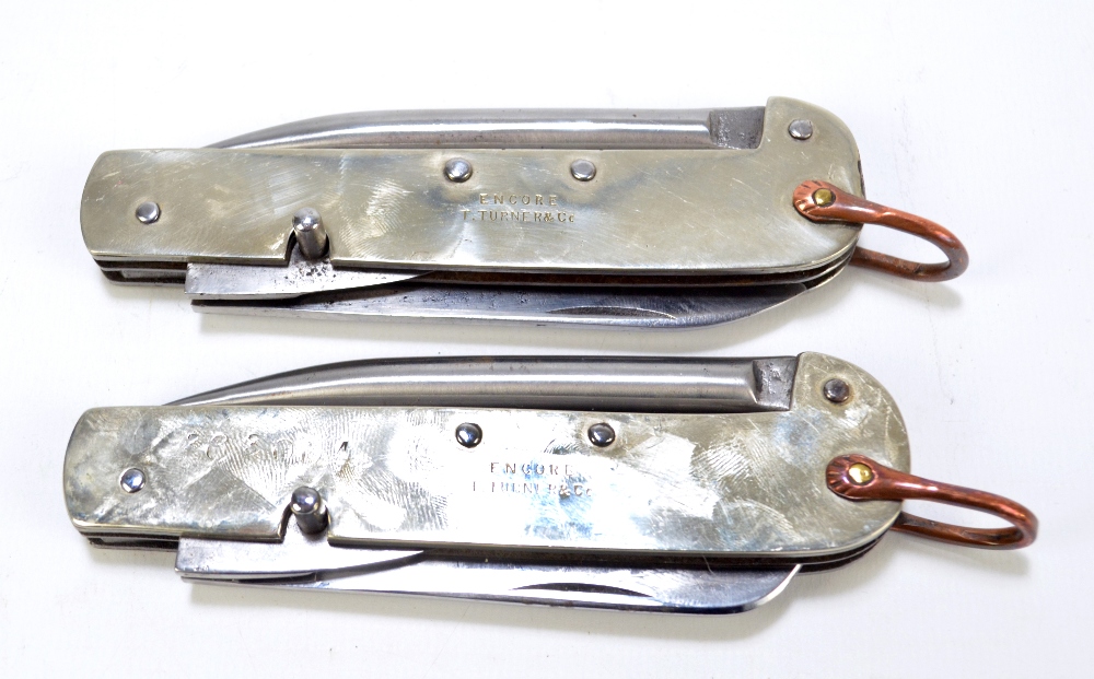 Two military clasp knives with single blade, tin opener and marlin spike by Thomas Turner & Co,