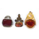 A late Victorian 9ct yellow and rose gold swivel seal set with bloodstone and agate, total approx 7.
