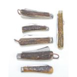 Six antler handled single bladed steel pen knives including examples by T Turner & Co, Taylor,