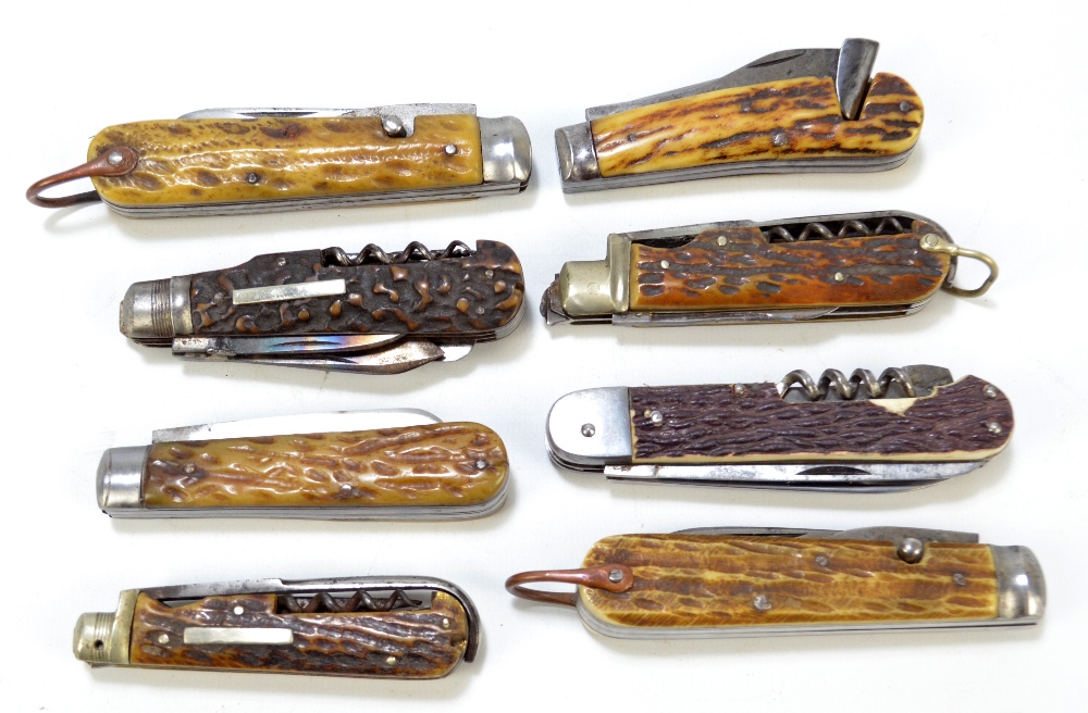 Eight various antler handled steel multi bladed pen knives including examples by Joseph Haywood &