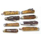 Eight various antler handled steel multi bladed pen knives including examples by Joseph Haywood &