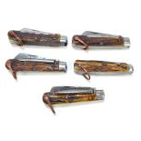 Five antler handled steel bladed pen knives with single blade and spike including examples by