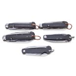 Five military clasp knives with moulded checkered pattern bodies with single blade,