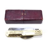 MAPPIN BROS; a rare military issue engraved ivory combination knife, fork, spoon and corkscrew,