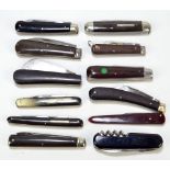 A collection of twelve various pen knives including single bladed horn bodied examples by Joseph