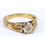 A 9ct yellow gold diamond solitaire ring in high illusion setting, with textured shanks, size P,