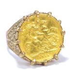 A George V half sovereign, 1911, in a 9ct yellow gold ring mount with pierced shoulders, size R,