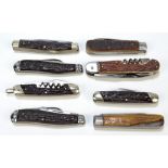 Eight various antler bodied pen knives including double and multi bladed examples by George