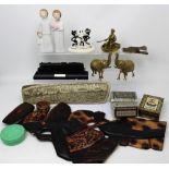 A mixed box of collectors' items to include African carvings, coal model of a train, inlaid boxes,