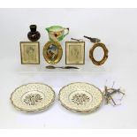 A mixed lot to include miniature prints, a set of four Wedgwood dishes, clock keys, sundries etc.
