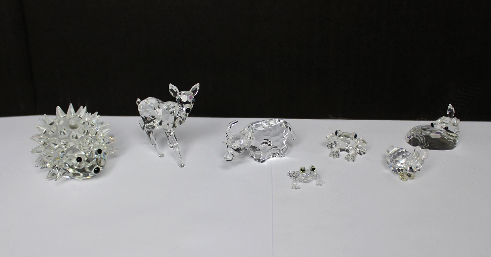A collection of boxed Swarovski crystal animals to include buffalo, two frogs, hedgehog,
