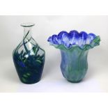 Two retro glass vases, a large fluted rim blue and green vase,