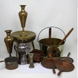 A quantity of assorted metalware to include large brass jam pan, Eastern stool, various pan lids,