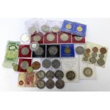 A quantity of commemorative coins and bank notes to include a silver proof coin commemorating the