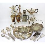 A quantity of silver plated items to include a pierced swing-handled basket,