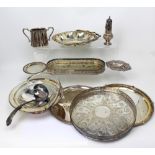 A quantity of plated items to include trays, fruit basket, bonbon dish, ladle, sugar caster etc.