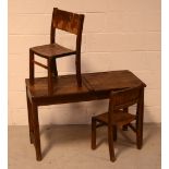 A childs' vintage double desk and two small school chairs (3).