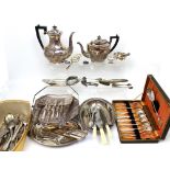 A quantity of plated ware to include cased flatware, a part tea service, small bowls, sugar tongs,