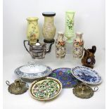 A mixed lot to include teapots, a pair of Cornona ware vases, Royal Doulton plate, two glass vases,