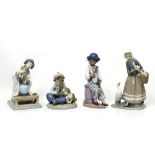 Four Lladró figures; a Japanese lady (af), a boy with dog, a boy musician and a girl with geese (4).