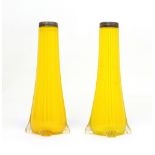A pair of Art Deco sunshine yellow tapering glass vases on four supports with hallmarked silver