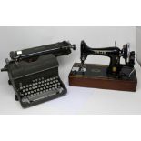 A portable cased Singer sewing machine and a Bluebird standard typewriter (2).