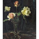 WILLIAM CHARLES PENN (1877-1968); oil on canvas, still life of four roses in a glass vase,