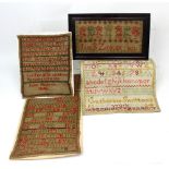 Four 19th century cross stitch samplers, the alphabet by Helen Smitton 1829, Jane Smitton 1842,