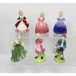 Six Royal Doulton figures; HN2211 'Fair Maiden', HN1368 'Rose', HN1370 'Marie', HN2107 'Valerie',